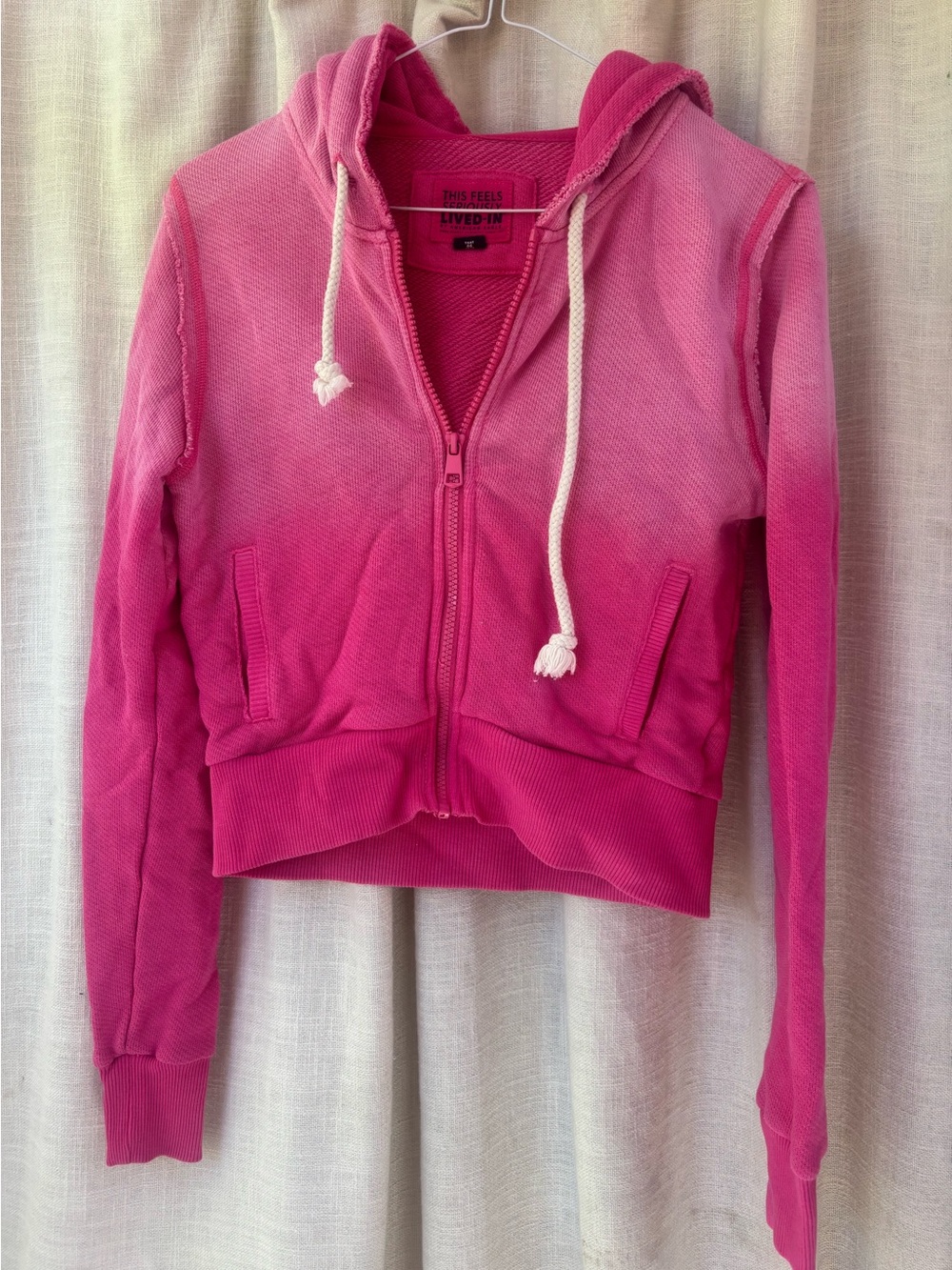 American Eagle Women’s Pink Ombre Zip-Up Hoodie with Drawstring Hood